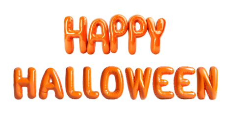 Photo of nflatable word with glossy orange letters. Happy Halloween. Minimalistic Halloween balloon lettering isolated on a transparent background