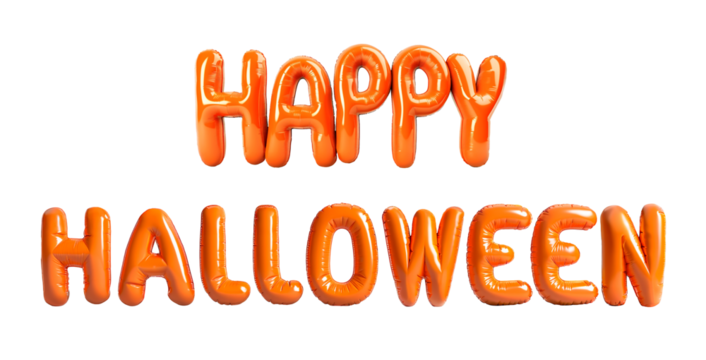 Photo of nflatable word with glossy orange letters. Happy Halloween. Minimalistic Halloween balloon lettering isolated on a transparent background