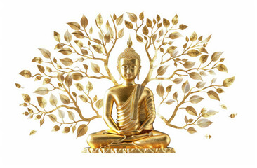 Fototapeta premium A golden Buddha statue with a tree of life behind it, in the style of a vector illustration on a white background