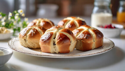 hot cross buns on a plate on a white table, blurred kitchen background. Freshly baked, lightly glazed, with iconic cross on top, evoking tradition and festive warmth