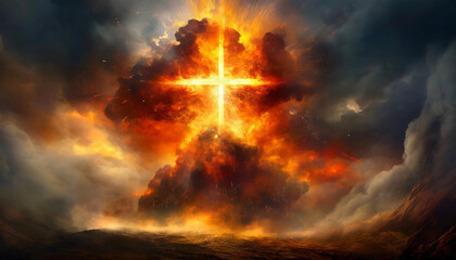 Naklejka premium dramatic fiery explosion erupts from a Christian cross set amidst clouds in the heavens, symbolizing the powerful and divine act of creation described in Genesis 1:1