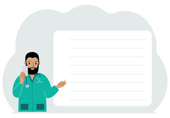 A male doctor holds pills in his hand. There is space for text next to it.