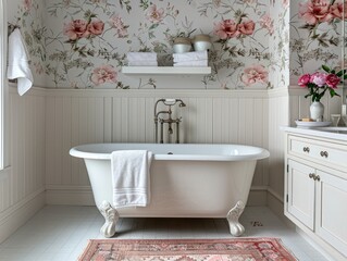 A vintage style bathroom exudes elegance and tranquility with a clawfoot tub, floral wallpaper, and pastel accents, creating a serene and inviting atmosphere