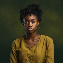 Olive background sad black independent powerful Woman. Portrait of young beautiful bad mood expression girl Isolated on Background racism skin color depression anxiety fear burn out 