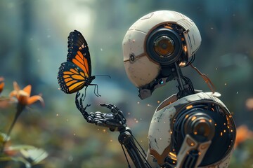 A robot's first encounter with a butterfly, curiosity in its eyes