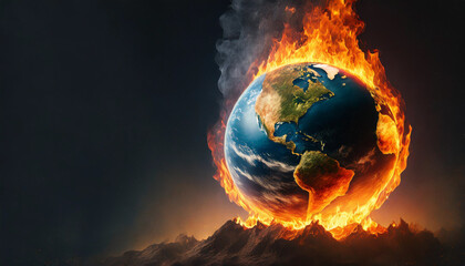Planet Earth engulfed in flames against black backdrop, symbolizing global warming crisis