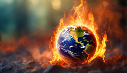 Planet Earth engulfed in flames against black backdrop, symbolizing global warming crisis
