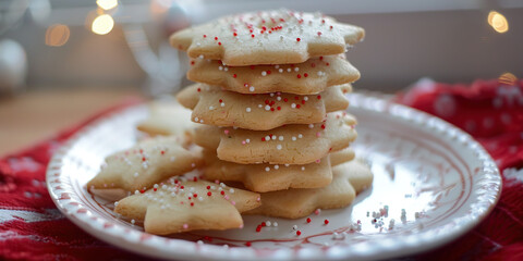 National cookie day poster. A stack of homemade sugar cookies on a white plate. July 9 Sugar Cookie Day