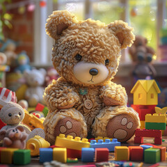  fluffy teddy bear sitting  colorful assortment of toy blocks ,  toys on the floor. 