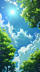 Sunlight shining through lush green trees and leaves on blue sky background