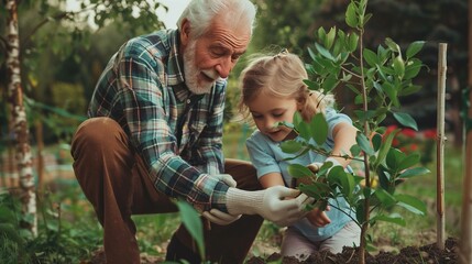 Grandfather with granddaughter planting UHD wallpaper