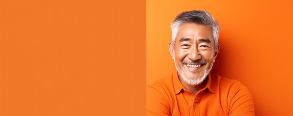 Orange Background Happy asian man. Portrait of older mid aged person beautiful Smiling boy good mood Isolated on Background ethnic diversity equality acceptance concept with copyspace