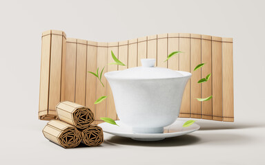 Chinese ancient teapot and teacup with tea leaves, 3d rendering.