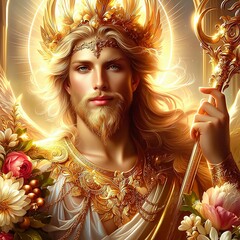 Baldr, the Norse god of light and purity known for his beauty and goodness, in a celestial glow that radiates warmth and divinity. Golden armor. Golden staff. Flowers. Peaceful aura. Generative AI