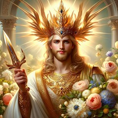 Baldr, the Norse god of light and purity known for his beauty and goodness, in a celestial glow that radiates warmth and divinity. Golden armor. Golden dagger. Flowers. Peaceful aura. Generative AI