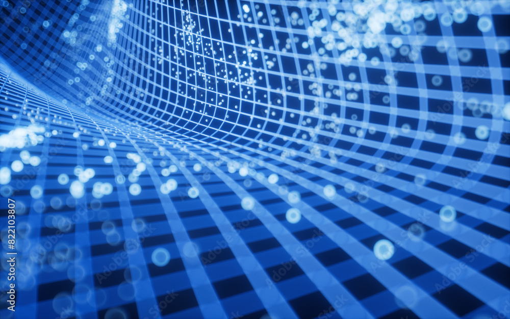 Poster technology grid tunnel and flowing particles, 3d rendering.