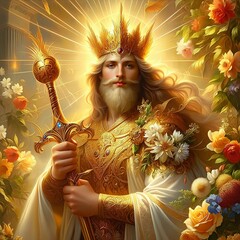 Baldr, the Norse god of light and purity known for his beauty and goodness, in a celestial glow that radiates warmth and divinity. Golden armor. Golden sword. Flowers. Peaceful aura. Generative AI