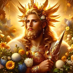 Baldr, the Norse god of light and purity known for his beauty and goodness, in a celestial glow that radiates warmth and divinity. Golden armor. Golden dagger. Flowers. Peaceful aura. Generative AI