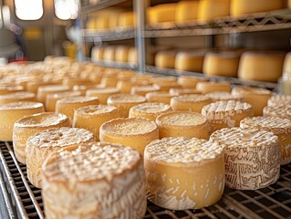 Close-up of various cheese wheels aging on shelves in a dairy production facility, showcasing artisanal cheese-making process.