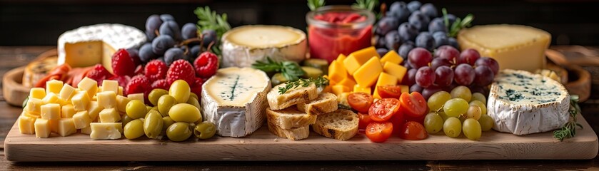 A beautifully arranged gourmet cheese and fruit platter featuring a variety of cheeses, fresh fruits, olives, and crackers, perfect for entertaining.