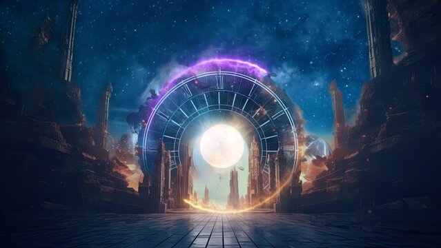 Stunning portal adorned with watch face, forest landscape.