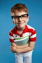 Vertical photo, close up portrait of smart pupil wunderkind in nerdy glasses and red striped shirt...