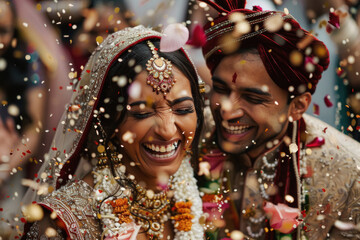 young Indian couple laughing at the confetti throwing during their indian wedding ceremony