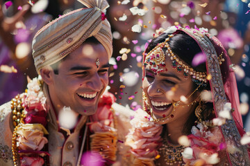 young Indian couple laughing at the confetti throwing during their indian wedding ceremony