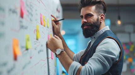 a man with beard in a business shirt and barbour vest showing a brand strategy plan on a whiteboard