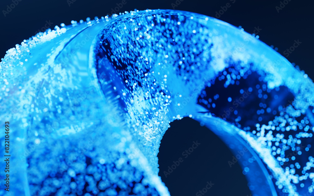 Poster glass geometry and flowing particles, 3d rendering.