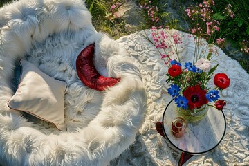 high-quality overhead view of a moon-shaped garden sofa in the yard. lined with a white fur rug, in front of which stands a table with red and blue flowers in a vase
