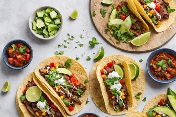 Mexican Tacos with fresh vegetables and herbs on white background