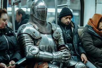 A man in iron knight armor is sitting in a subway car among the passengers. Historical reconstructions, time travel.