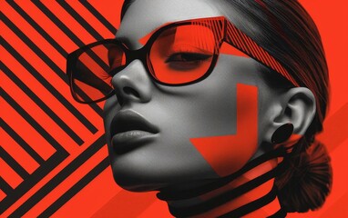 Close-up of a woman wearing red sunglasses. The background is red with black stripes.