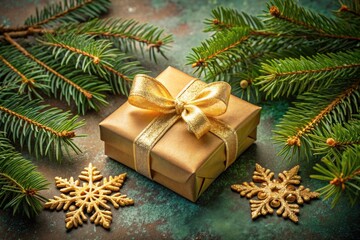 Wrapped Christmas gift with festive decorations.