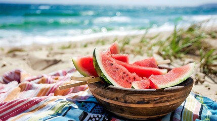 delicious juicy watermelon slices on a stick arranged in a bowl laying on a picnic blanket at the beach in warm summer sunshine