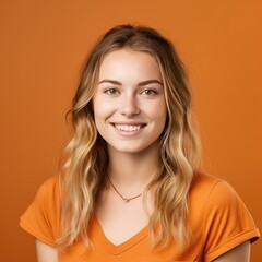 Orange background Happy european white Woman realistic person portrait of young beautiful Smiling Woman Isolated on Background ethnic diversity equality acceptance concept with copyspace 
