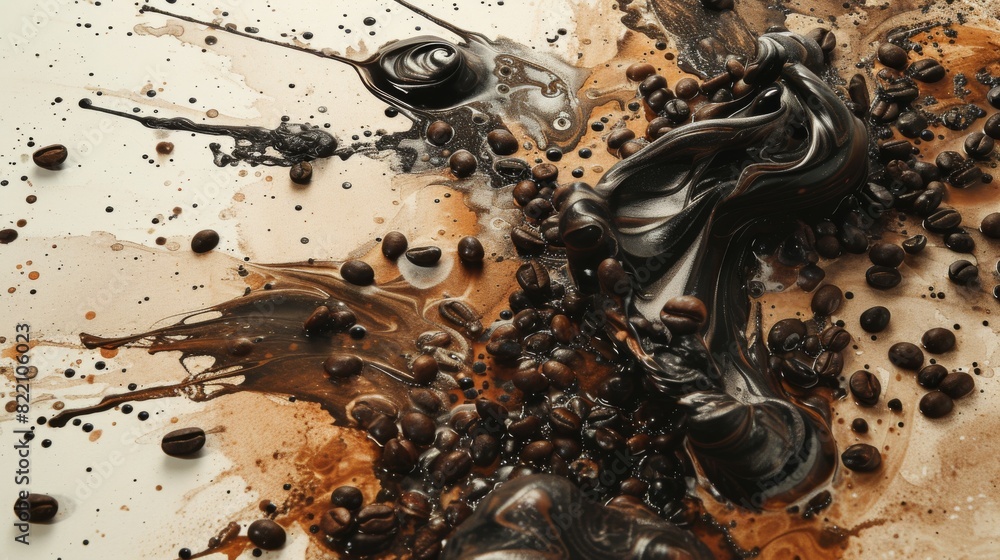 Poster a dynamic and visually captivating image of swirling coffee and black ink, surrounded by scattered c
