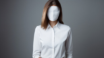a businesswoman in a white mask hiding her face