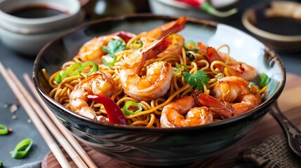 Delicious spicy shrimp noodles with teriyaki sauce popular cuisine