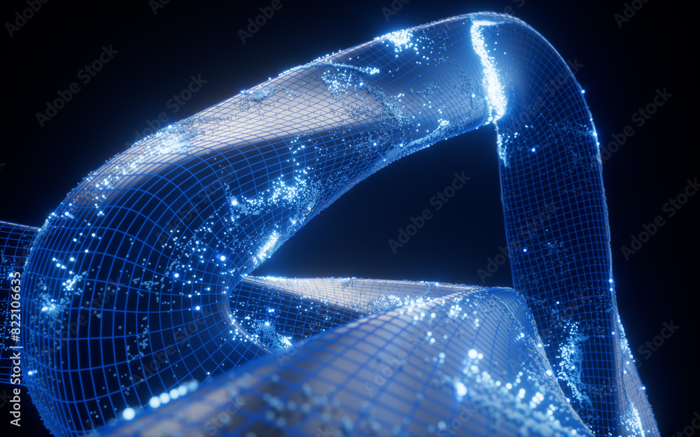 Poster abstract curve geometry with flowing particles, 3d rendering.