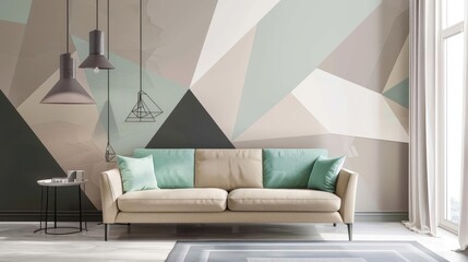 Minimalist interior, mint and beige sofa, geometric accent wall, contemporary style