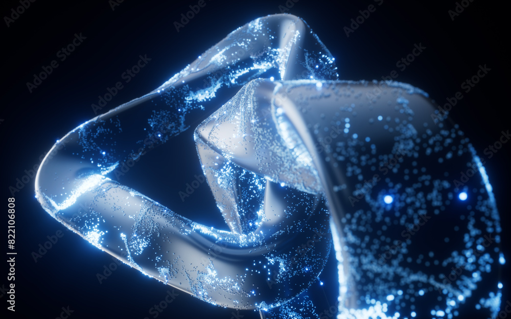 Poster abstract curve geometry with flowing particles, 3d rendering.