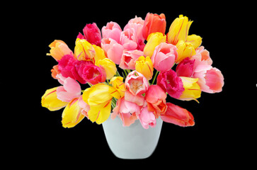 Multicolored tulips in a vase, isolated on black background, colorful tulips