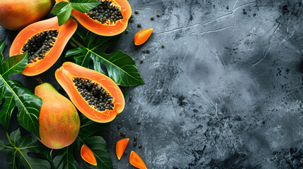 Fresh ripe papaya fruits with green leaves on grey table