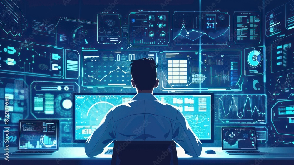 Poster data science and big data technology. scientist computing, analysing and visualizing complex data se