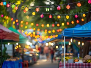 Colorful hanging lanterns illuminate a lively outdoor market with vibrant vendor stalls and cheerful patrons, evoking a sense of celebration and community