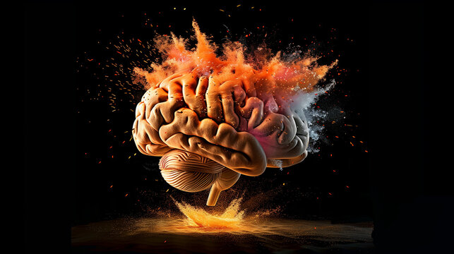 Concept art of a human brain exploding with knowledge and creativity.