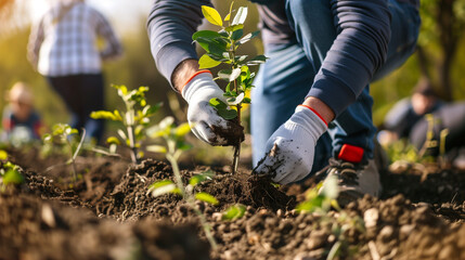 Person planting trees or working in community garden promoting local food production and habitat restoration, concept of Sustainability and Community Engagement.
