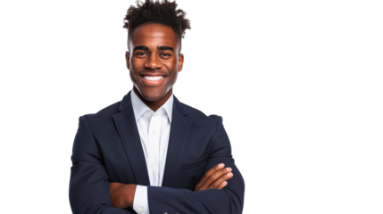 Business man portrait isolated on white transparent background, Afro businessman in suit, crossed arms.